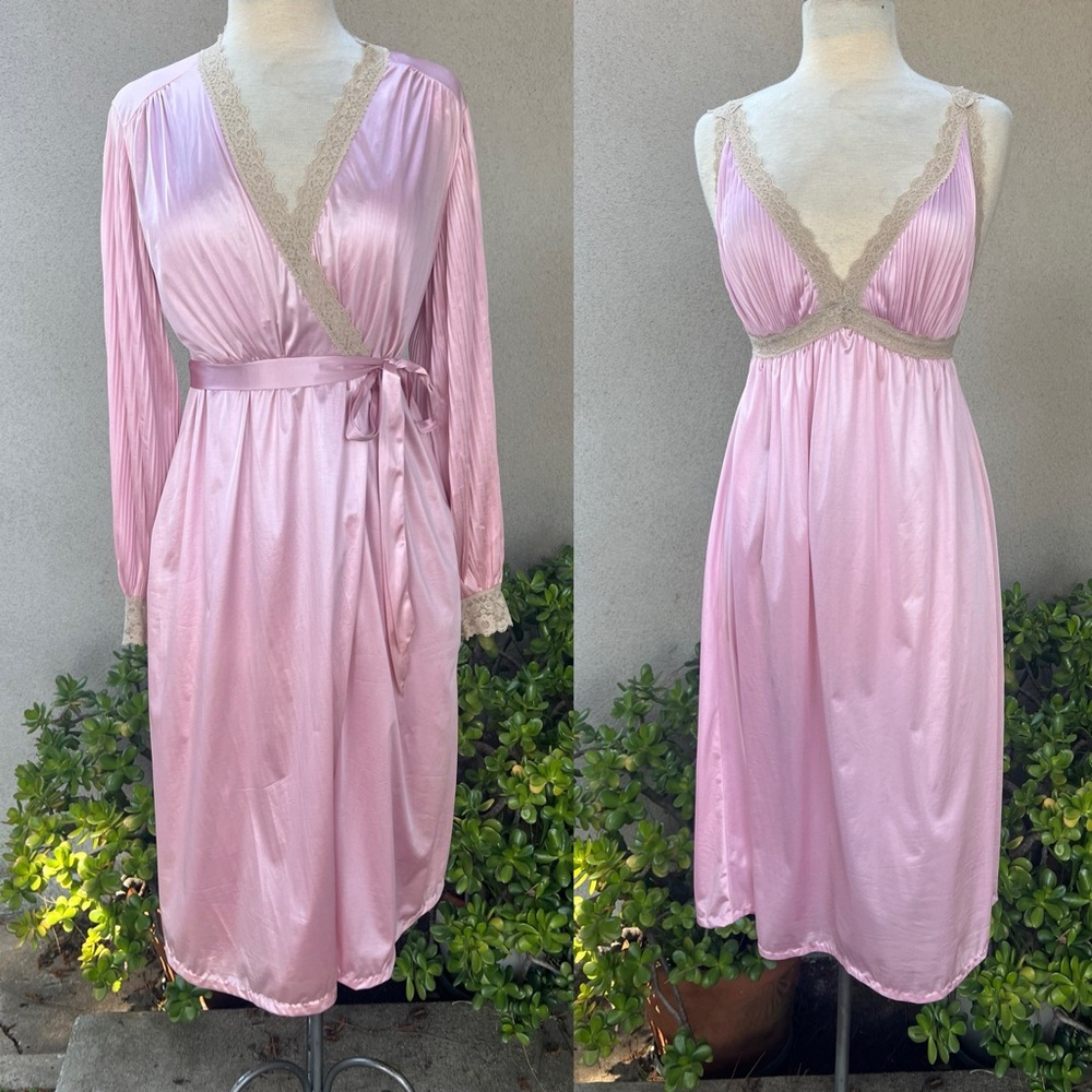 Vintage peignoir lingerie set robe gown rose pink nylon tan laceMiss Elaine S/XS